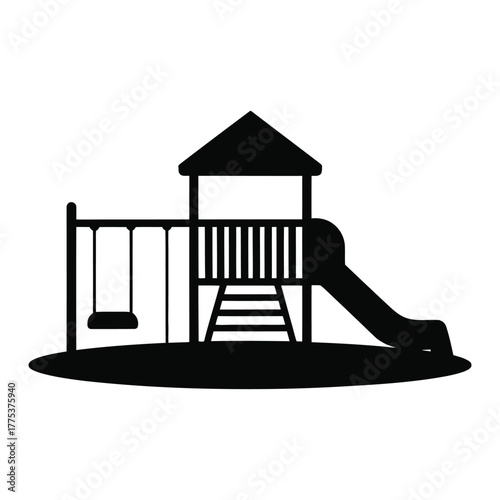 Black silhouette of a playground with swings, slide, and tower for recreational activities
