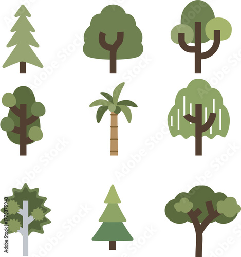 Flat Tree Icon Set — Minimal Nature Illustration, Green Forest Botanical Elements