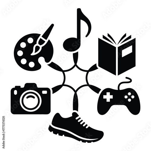 Illustration of hobbies and interests including art, music, reading, gaming, photography, and sports