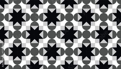 Modern abstract pattern composed of repeating star motifs and round forms, creating a bold visual rhythm. Great for home decor, stationery, or web backgrounds