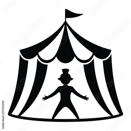 Silhouette of a circus tent with a ringmaster standing in the entrance