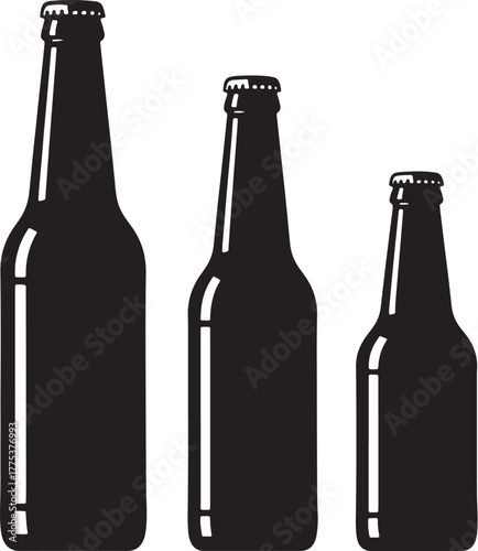 Three Dark Beer Bottles of Varying Sizes.