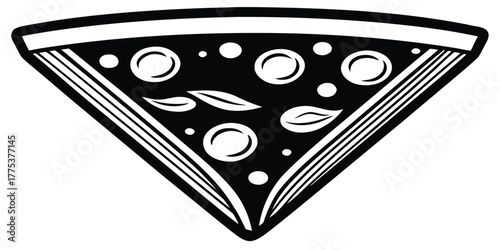 Flat black and white vector illustration of a single slice of pizza with toppings