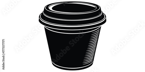 A minimalist, flat black and white vector illustration of a disposable takeaway coffee cup with a lid, perfect for cafe branding and beverage graphics