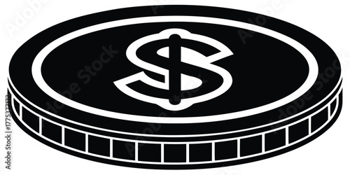 Isometric dollar coin icon in a flat black and white vector illustration style, representing money and finance concepts