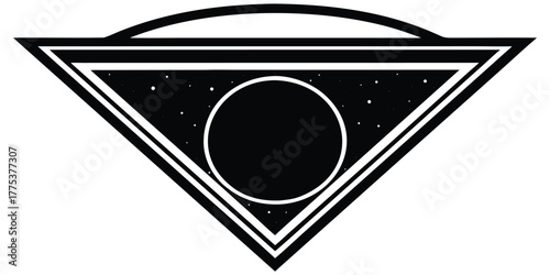 Geometric celestial logo design featuring a cosmic body in a starry triangle. Flat black and white vector illustration element