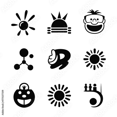 A collection of nine unique black and white icons, each offering a distinct symbol on, perfect for various design needs