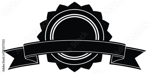 A flat black and white vector illustration of a classic award seal with a blank ribbon banner, a graphic element for quality or guarantee