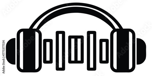 Minimalist black and white vector icon of headphones with a soundwave equalizer, a symbol for music, audio, and gym workouts