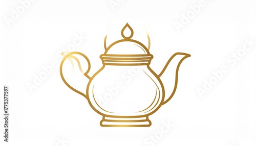A minimalist golden outline of a traditional teapot with a handle and spout, set against a white background.