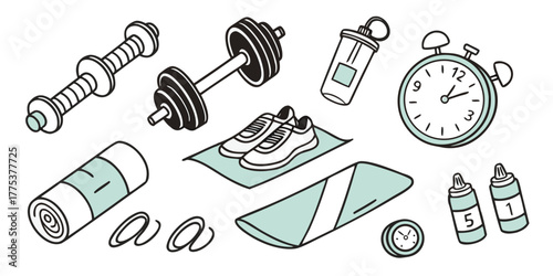 Flat vector doodle set of essential gym and workout equipment, illustrating a healthy and active lifestyle with various fitness tools and accessories on a clean white background