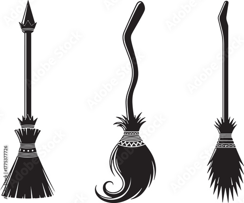 Three Witches Brooms Silhouette Collection Halloween Theme.