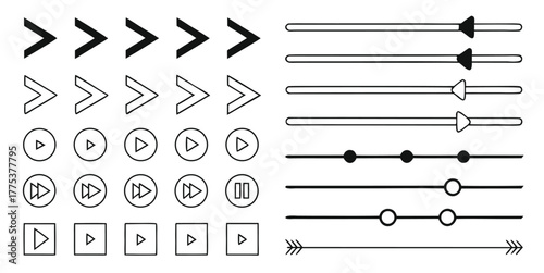 Vector collection of media player UI elements. Flat line art icon set with play, forward, and slider controls on white background