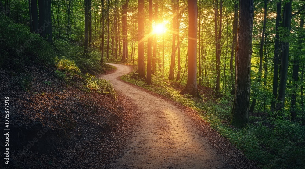 Obraz premium Sunlit forest path winding through trees (7)