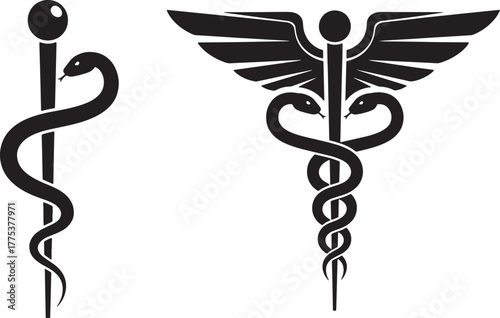 Medical symbols featuring a staff with a snake and a winged staff.