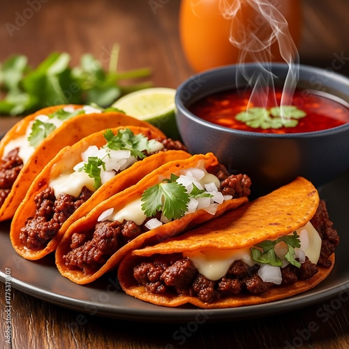 Delicious birria tacos with dipping sauce, cheese, and fresh cilantro