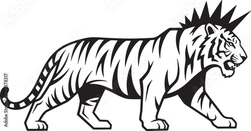 Fierce walking tiger with a punk rock mohawk hairstyle.
