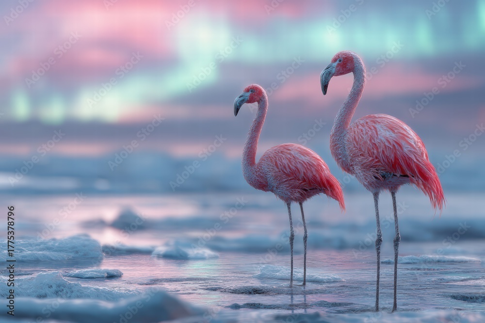Fototapeta premium Standing in the icy Arctic tundra, two flamingos exhibit vibrant colors against a backdrop of soft pastel skies and shimmering ice