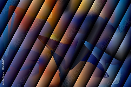 Sliced abstract planes reveal artistic layers of dark blue, orange, and violet hues creating depth