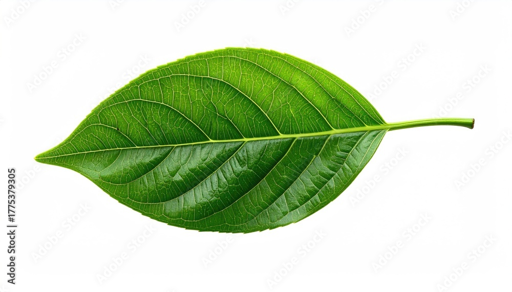 Obraz premium A Single Vibrant Green Leaf with Tiny White Specks Detailed Texture Isolated on a Pure White Background Studio Lighting Accentuates Veins and Surface