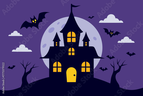 A spooky haunted house vector illustration with bats silhouetted against a dark halloween moon on a night of horror