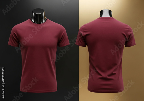 Blank burgundy crew neck t-shirt template on a mannequin. Front and back isolated view for clothing brand presentation and apparel mockups