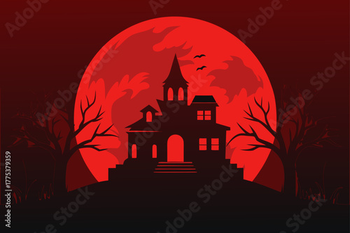 Spooky Halloween night illustration of a haunted house silhouette with bats flying by a full moon