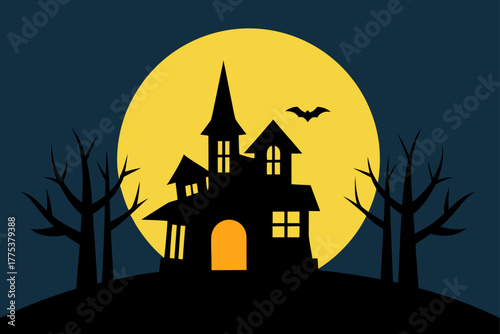 Dark spooky haunted castle or house silhouette illustration under a moonlit night with bats and scary trees, perfect for a Halloween background
