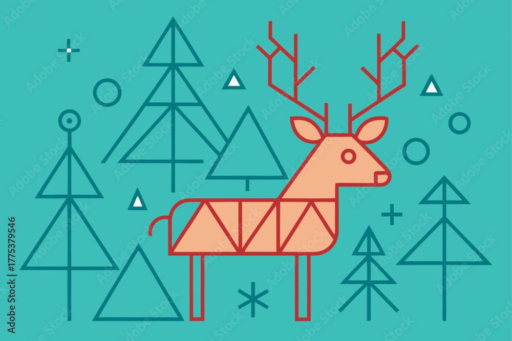 Fototapeta premium Vector cartoon Christmas card design with a cute baby deer and tree silhouette on a winter snow pattern background