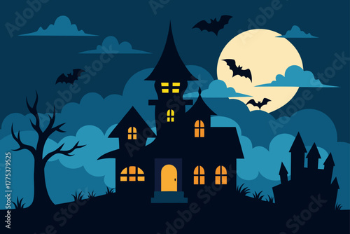 A scary haunted house vector illustration on a hill with bats flying in the dark night sky near a full moon for a Halloween celebration illustration