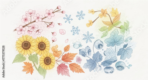 A visually stunning illustration depicting the four seasons in a vibrant and whimsical display of nature's transitions