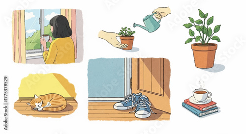 A heartwarming collection of illustrations capturing the simple joys and comforting routines of daily life and relaxation within a cozy home environment