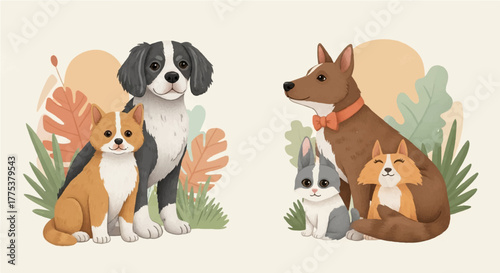 Adorable Cartoon Dogs and Cats in a Whimsical Forest Setting