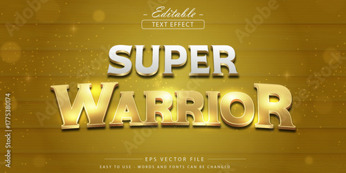 Super Warrior: Bold Gold 3 D Text Effect on Wooden Background with Sparkles and Glow