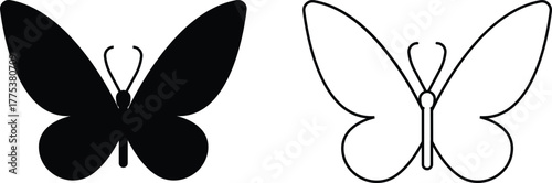 Butterfly icons set, insect collection, black silhouette and outline group, flat and line style vector illustration, flying moth design, decorative butterfly symbol graphic element.