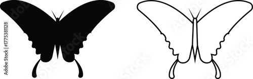 Butterfly icons set, insect collection, black silhouette and outline group, flat and line style vector illustration, flying moth design, decorative butterfly symbol graphic element.