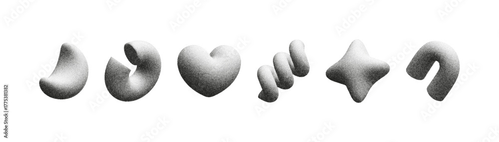 Fototapeta premium 3D figures with different shapes and textures are displayed in a linear arrangement. Each figure has a distinctive form, showcasing interesting noise patterns in grayscale.