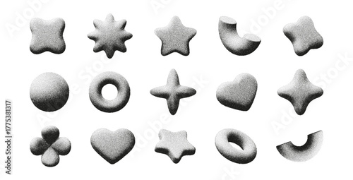 3D figures featuring unique shapes and surface textures. The figures, created with noise patterns, create a visually interesting arrangement on a clean background.