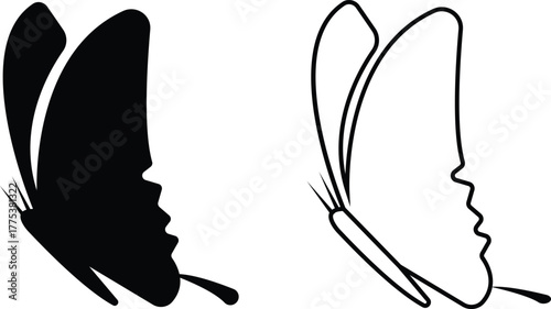 Butterfly icons set, insect collection, black silhouette and outline group, flat and line style vector illustration, flying moth design, decorative butterfly symbol graphic element.