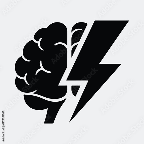 Silhouette brain with lightning bolt creative thinking process Vector illustration