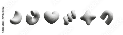 3D figures with different shapes and textures are displayed in a linear arrangement. Each figure has a distinctive form, showcasing interesting noise patterns in grayscale.