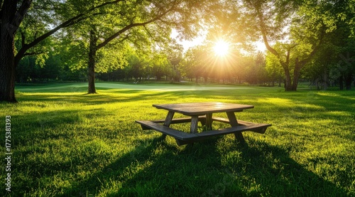 Sunny park picnic table under trees (2)