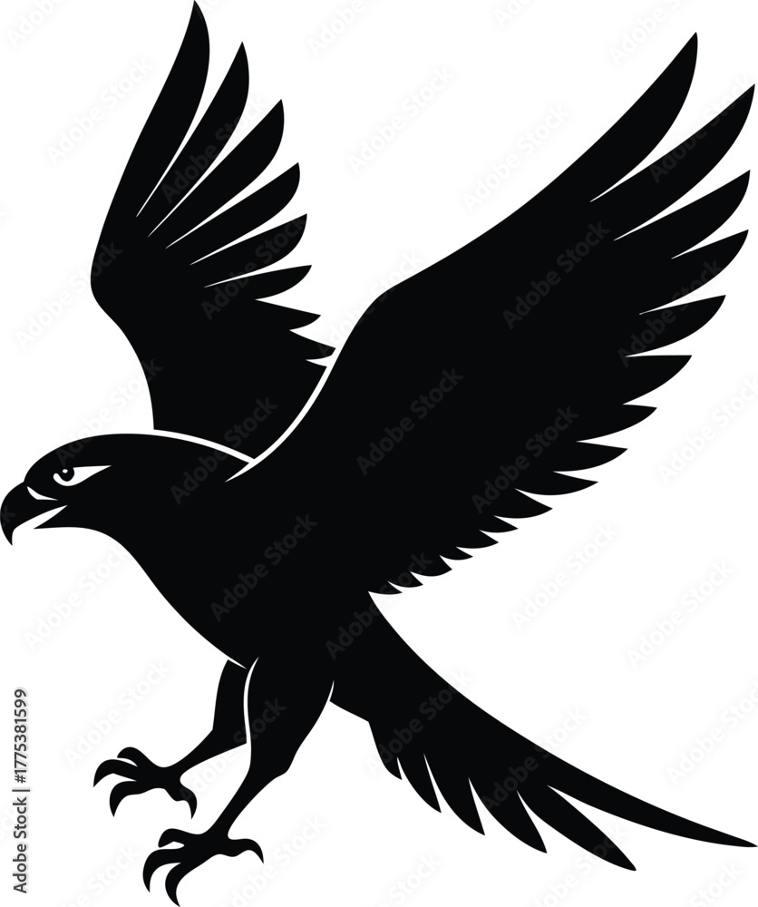 Obraz premium Black Hawk Silhouette with Wings Spread in Flight Vector Art