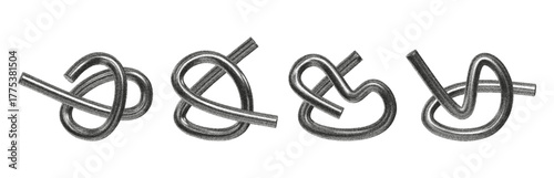 Set of 3D sinuous curves. An abstract shape with a noise and roughness effect made of liquid chrome, a Y2K-style metal puzzle.