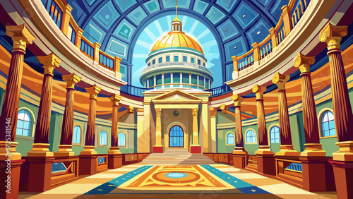 Very beautiful interior view of the Kansas Statehouse Capitol Dome in the Rotunda, Topeka, Kansas, USA, showcasing intricate architectural details, grand columns, and elegant historic design under nat