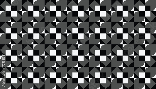 Monochrome geometric seamless pattern featuring interlocking squares and pinwheel shapes in black, white, and gray tones. Modern, elegant, and ideal for backgrounds, textiles, and minimal design