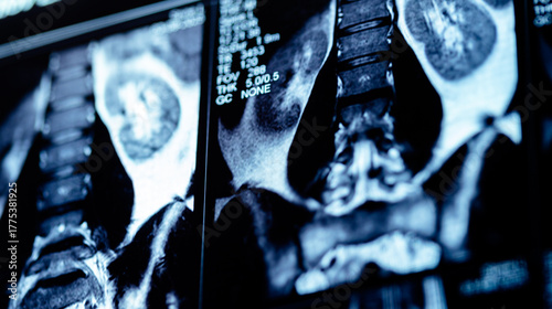 Mri scan of spine showing disc protrusion in vertebrae
