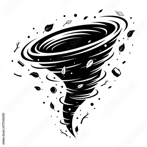 Bold black and white graphic illustration of a swirling tornado funnel with flying debris isolated on white background