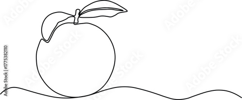 Single line drawing of an orange with leaves fruit