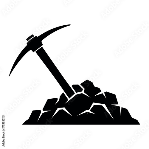 Black silhouette of a pickaxe in rough material isolated on white background